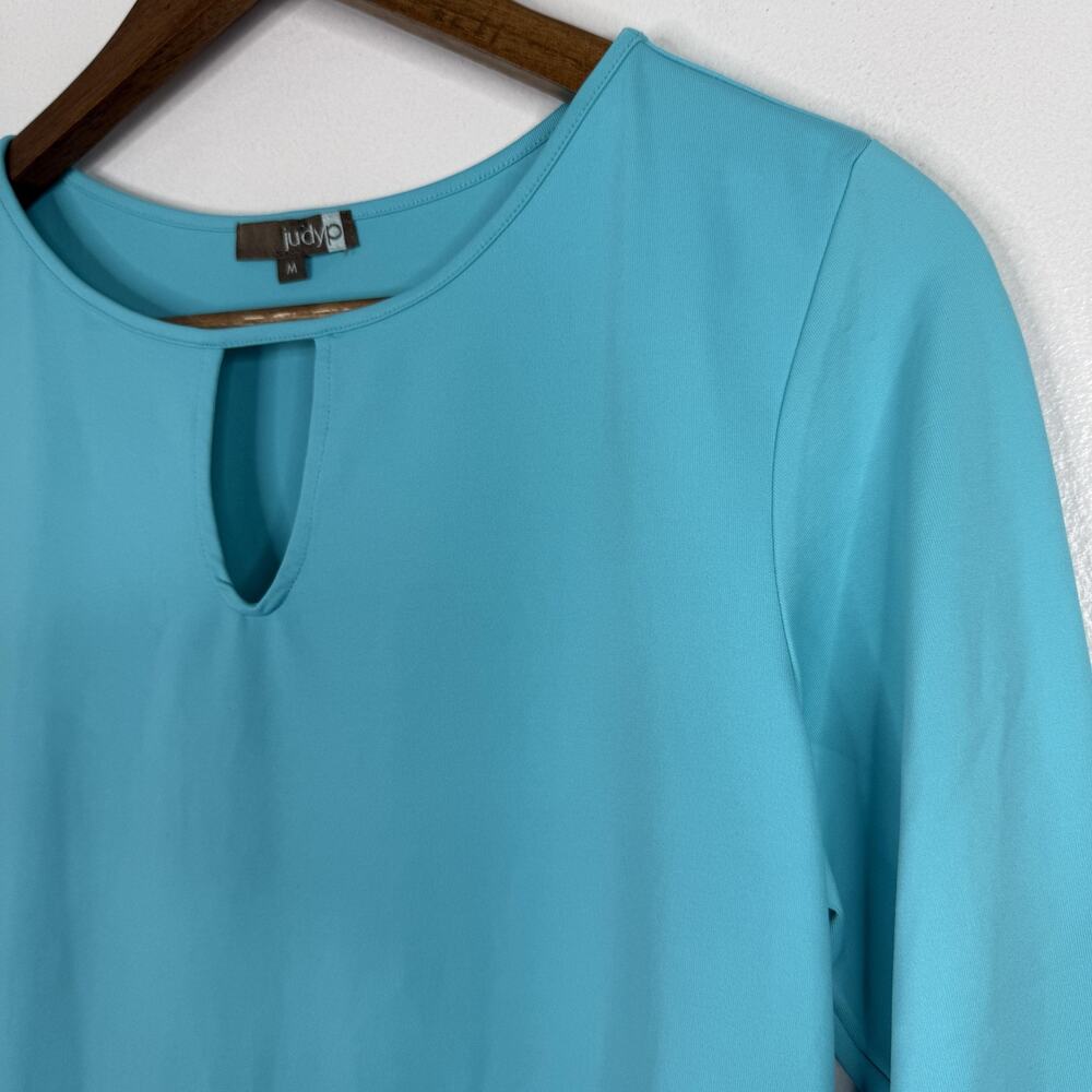 Judy P Top Blouse Womens M Blue Microfiber Keyhole 3/4 Sleeve Stretch